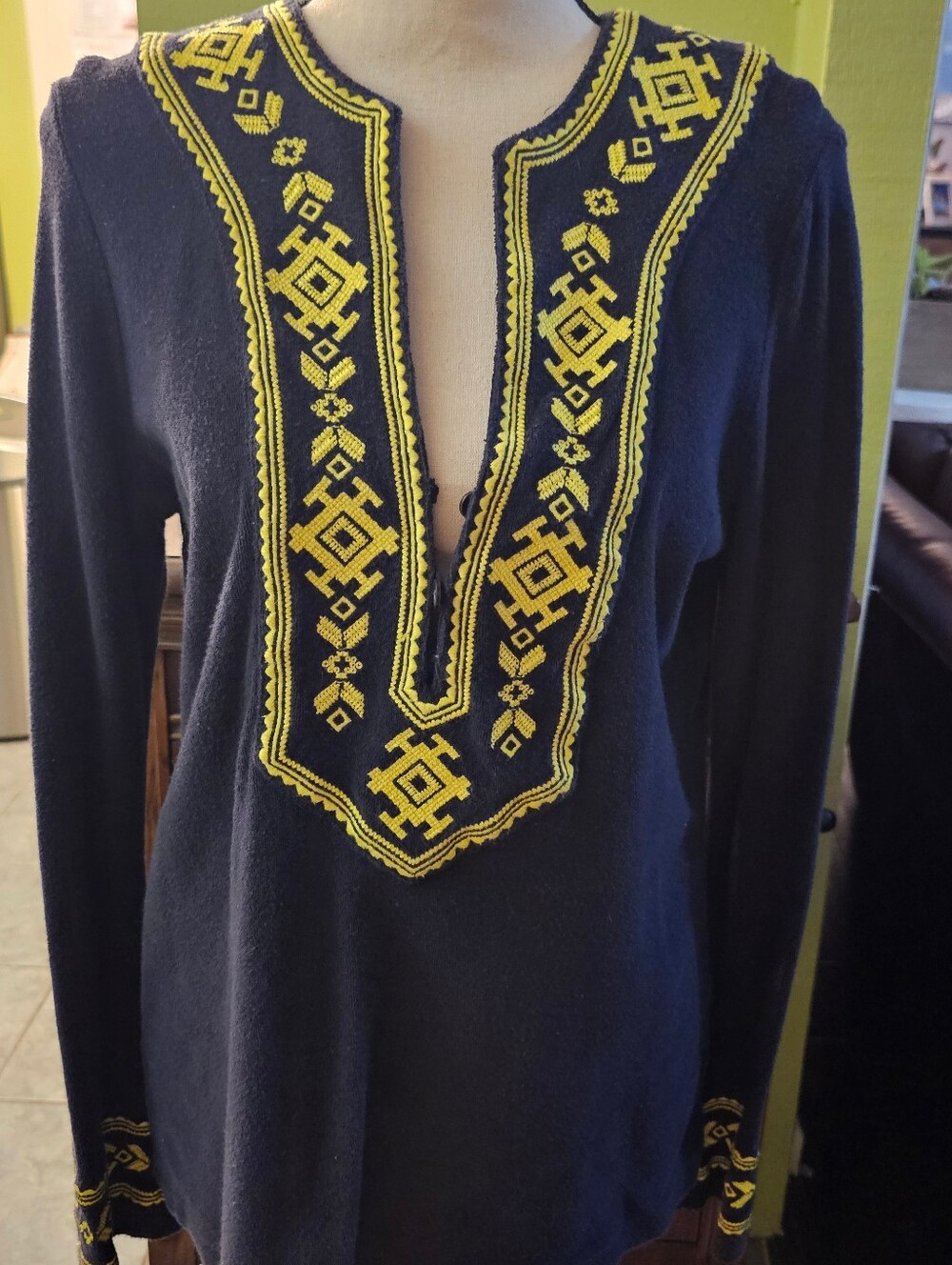 Tory Burch Navy V-Neck Tunic with Yellow Embroidered Trim